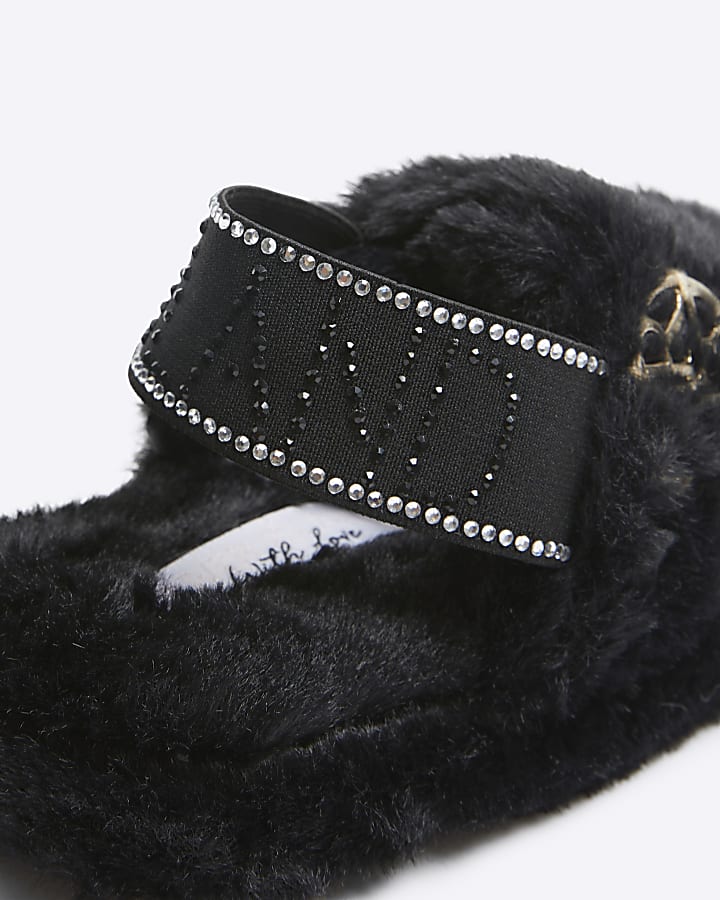 Mini girls Black faux fur slippers