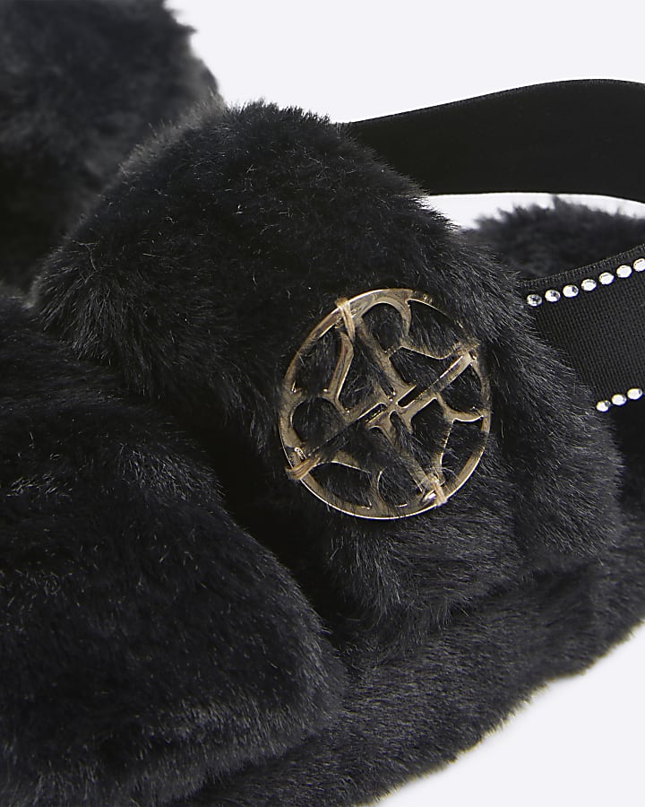 Mini girls Black faux fur slippers