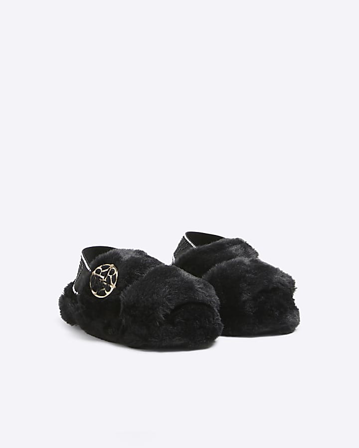 Mini girls Black faux fur slippers