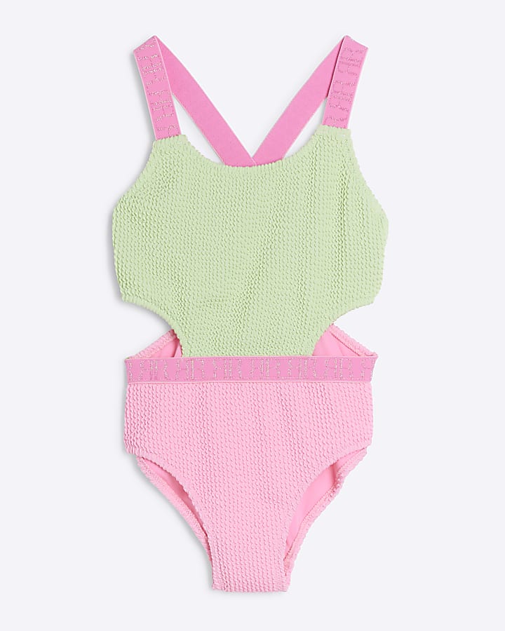 Girls Green Elastic Colour Block Swimsuit River Island