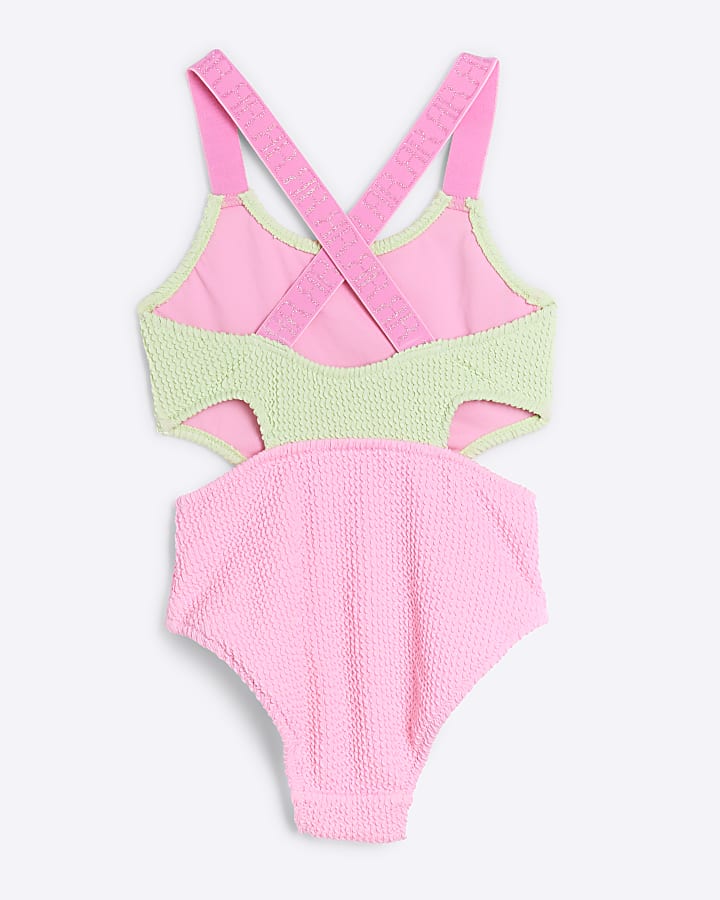 Girls Green Elastic Colour Block Swimsuit