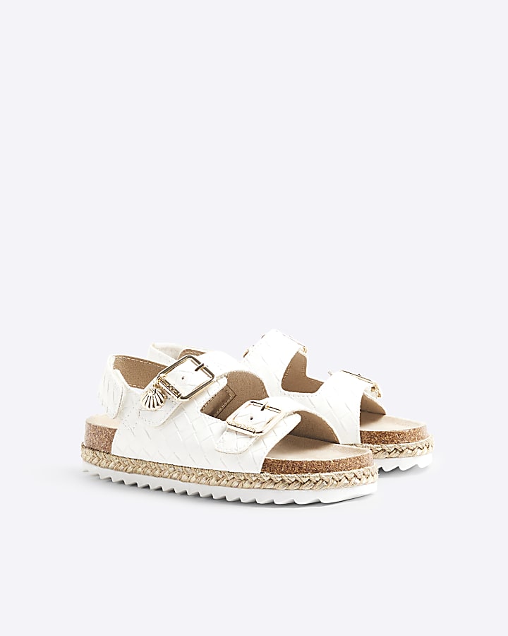 Girls White Faux Leather Woven Sandals