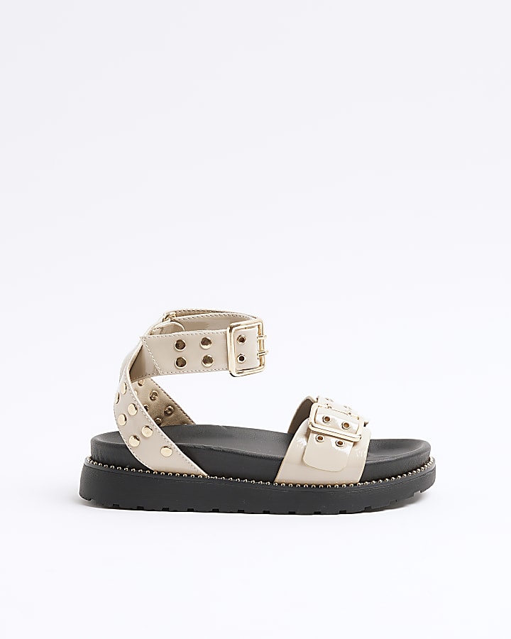 Girls Beige Studded Chunky Strapped Sandals