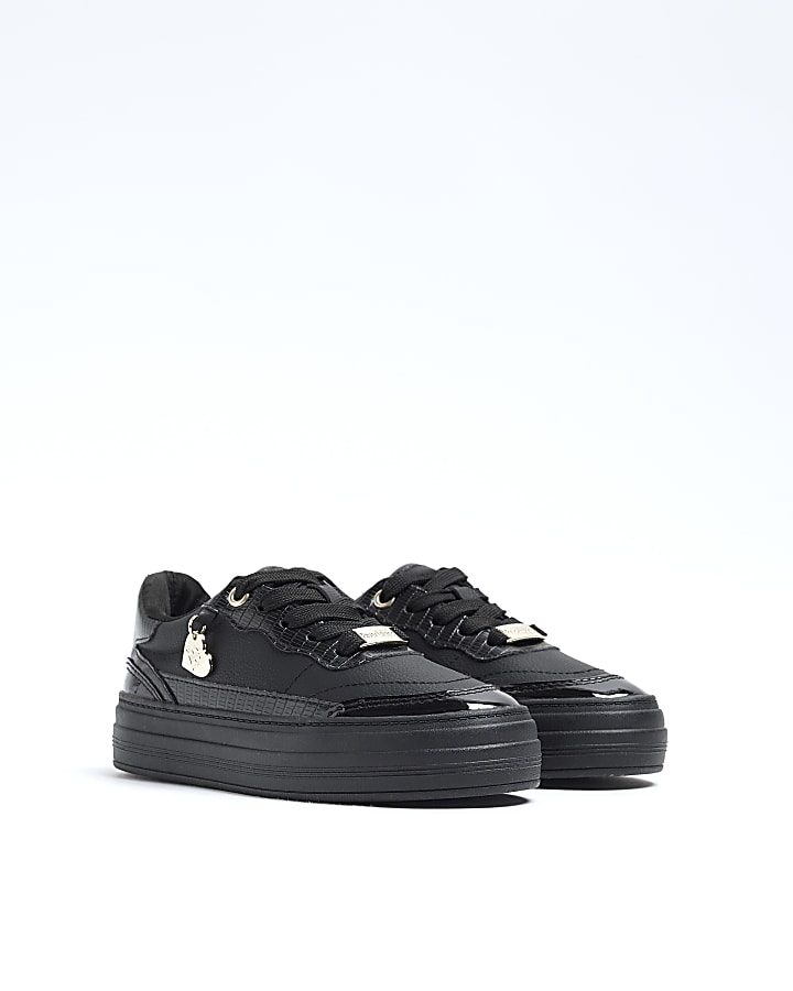 Girls Black Faux Leather Trainers