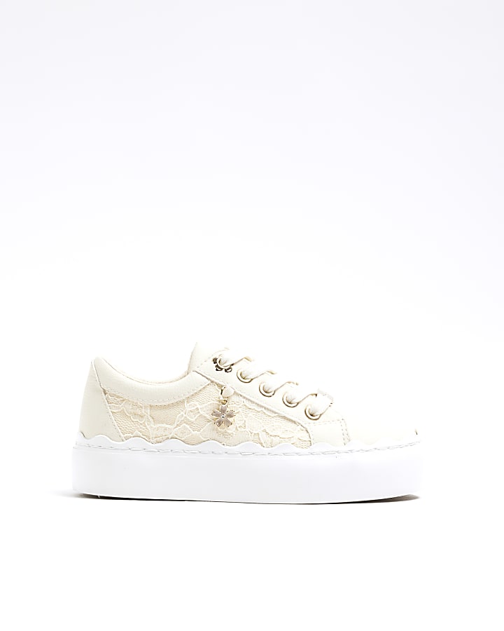 Girls Cream Lace Trainers