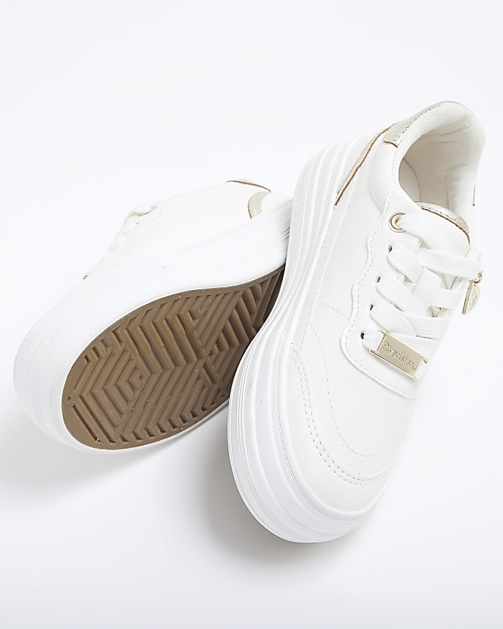 Girls White Faux Leather Lace Up Trainers