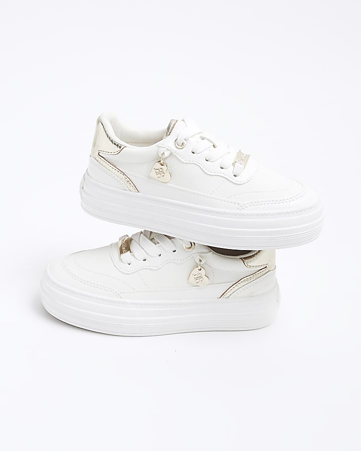 Girls White Faux Leather Lace Up Trainers