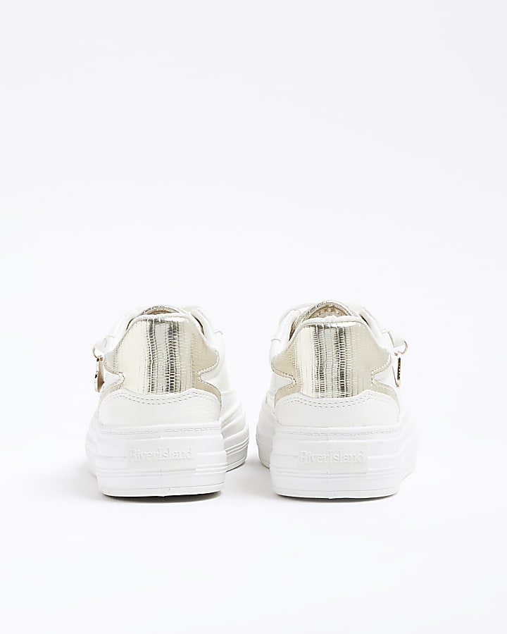 Girls White Faux Leather Lace Up Trainers