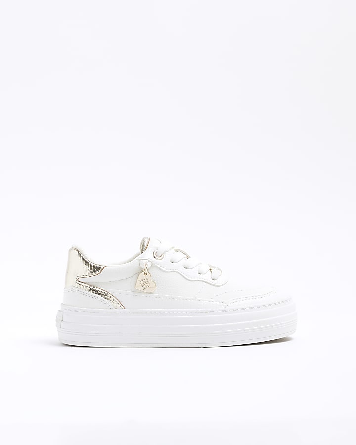 Girls White Faux Leather Lace Up Trainers