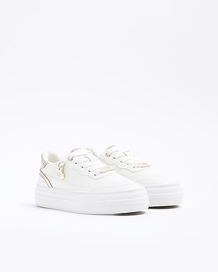 Girls White Faux Leather Lace Up Trainers