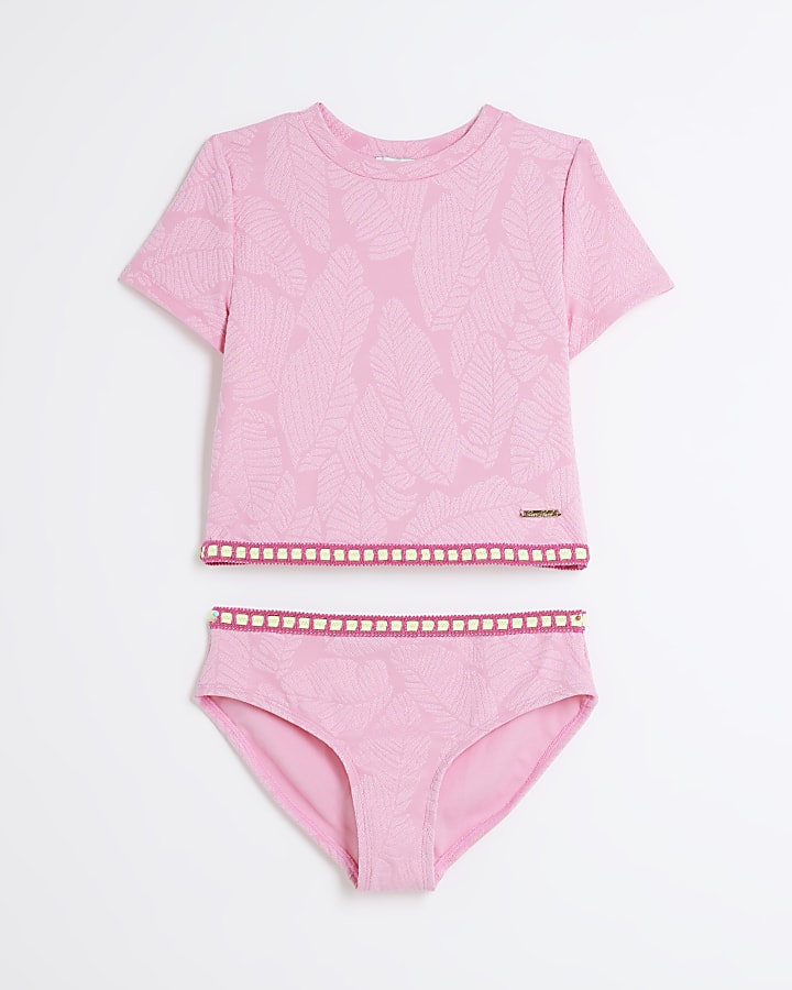 Girls Pink Palm Textured T-Shirt Bikini Set