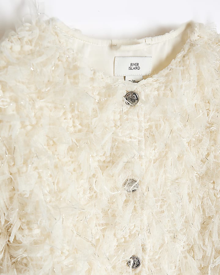 Girls Cream Collarless Organza Blazer