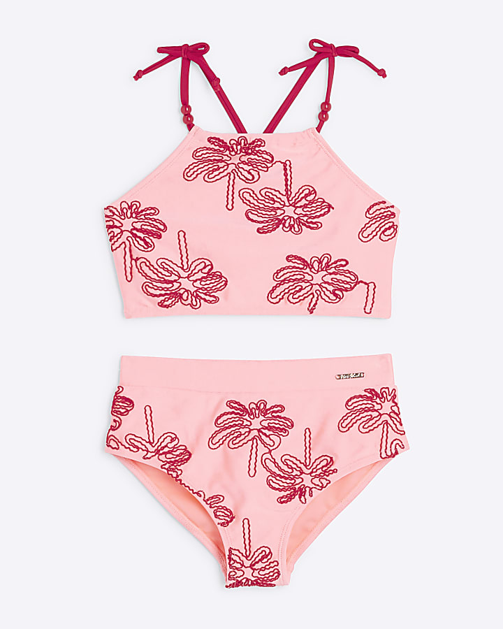 Girls Coral Palm Embroidery Bikini Set