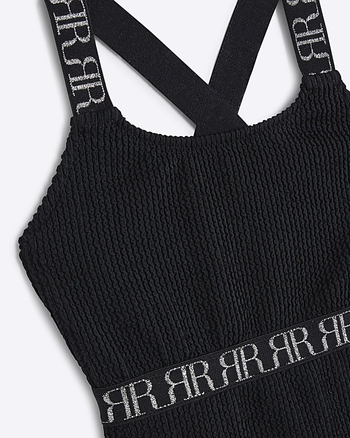 Girls Black Textured Elastic Swimsuit