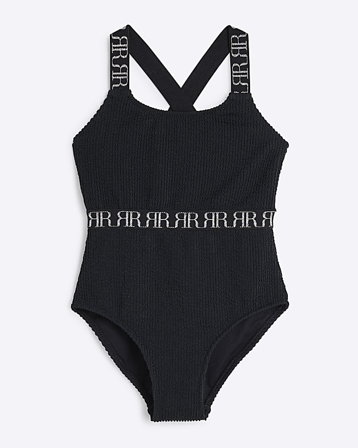 Girls Black Textured Cut Out Swimsuit