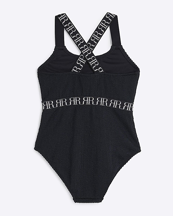 Girls Black Textured Elastic Swimsuit
