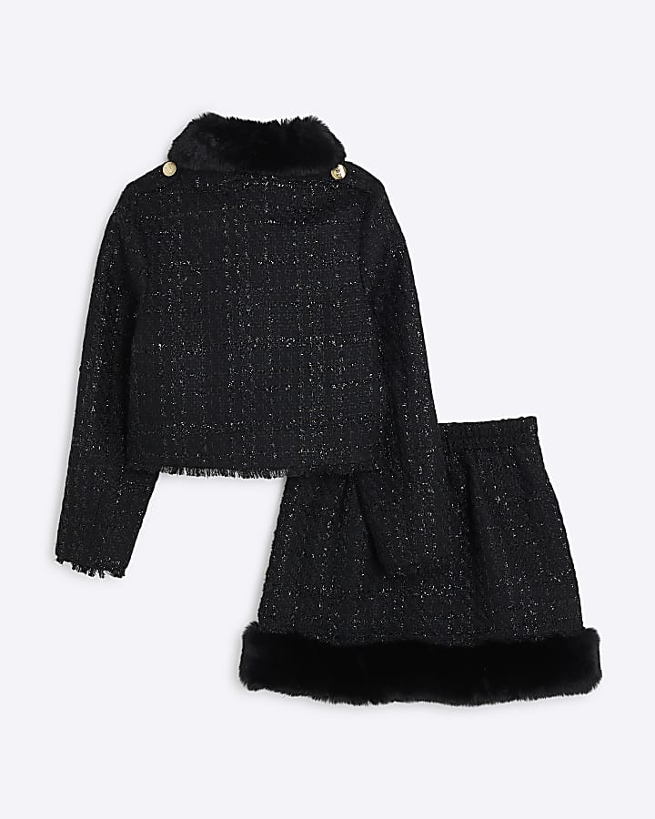 Girls Black Boucle Military Jacket  Set