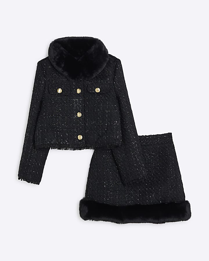 Girls Black Boucle Military Jacket  Set