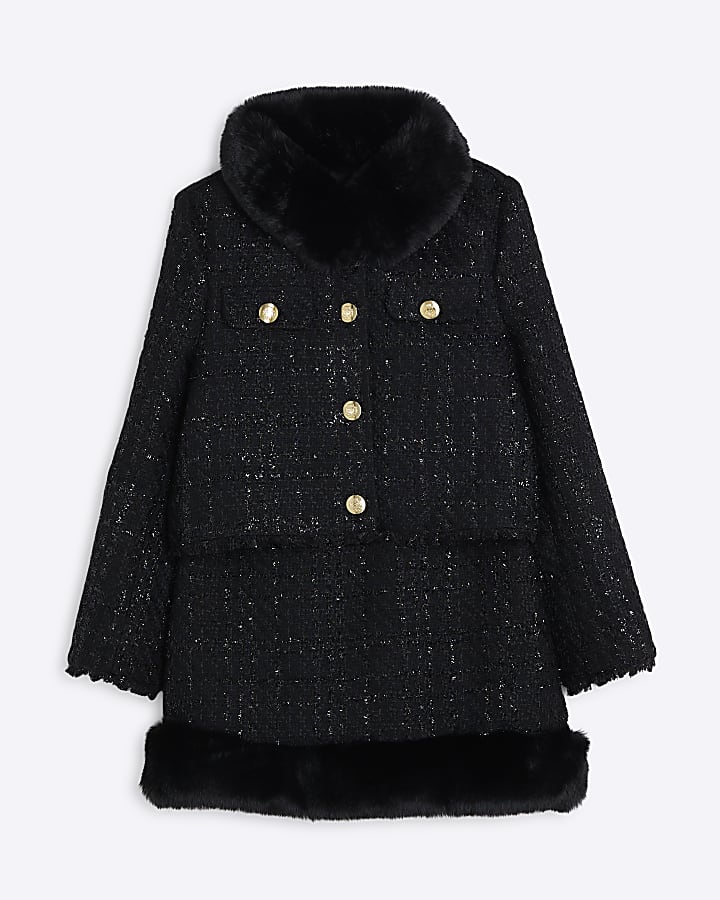 Girls Black Boucle Military Jacket  Set