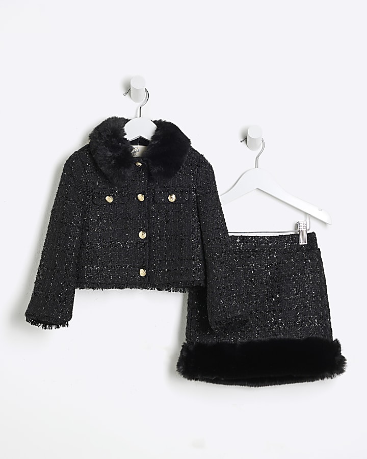 Mini Girls Black Boucle Military Jacket Set