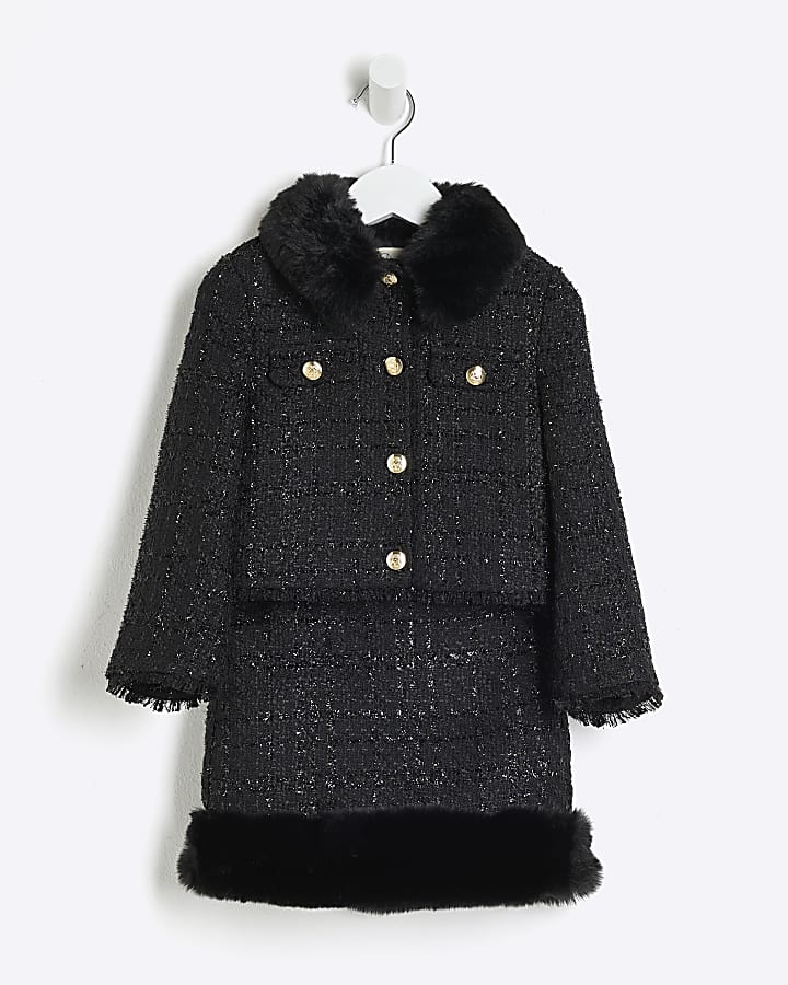 Mini Girls Black Boucle Military Jacket Set