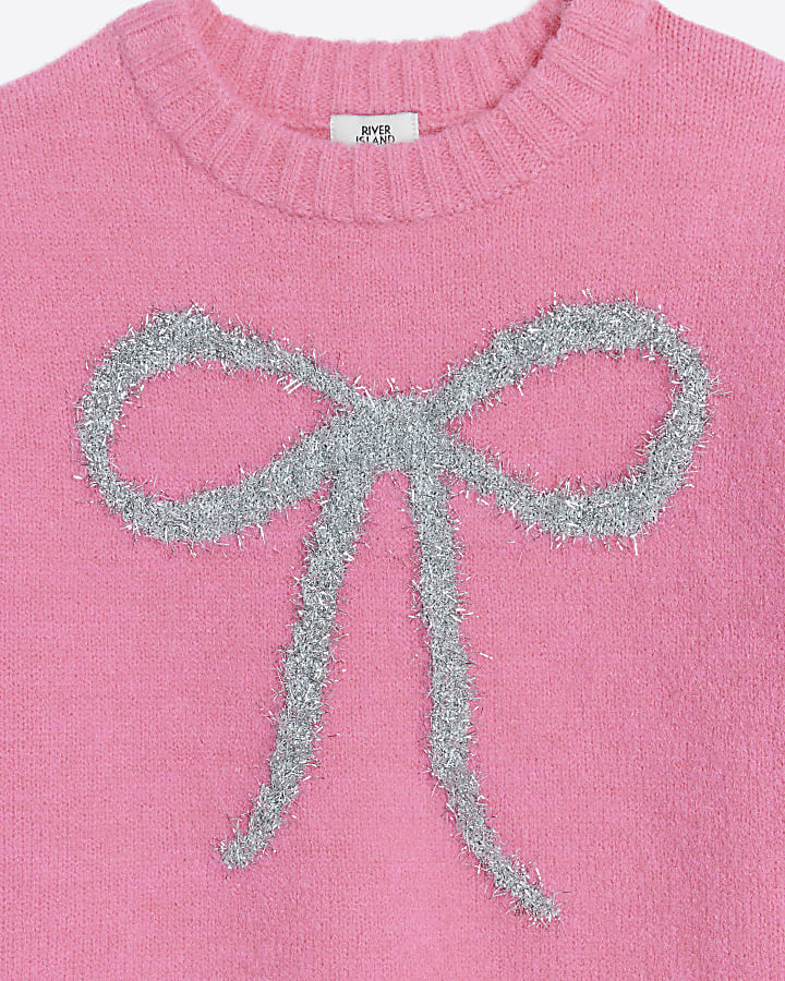 Girls Pink Tinsel Bow Jumper