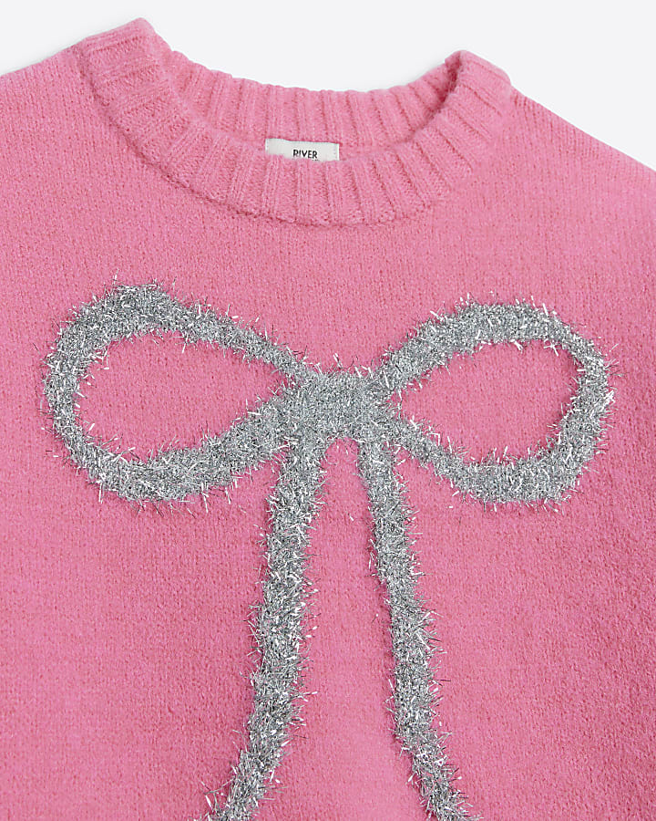 Girls Pink Tinsel Bow Jumper