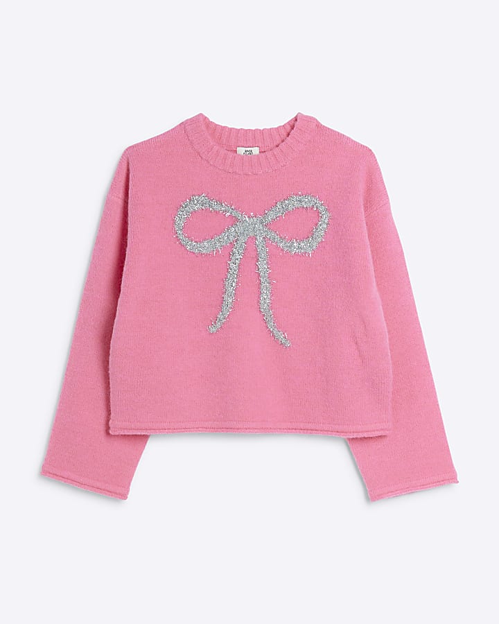 Girls Pink Tinsel Bow Jumper