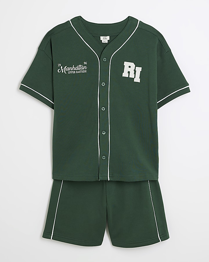 Boys Green Baseball Shirt And Shorts Set