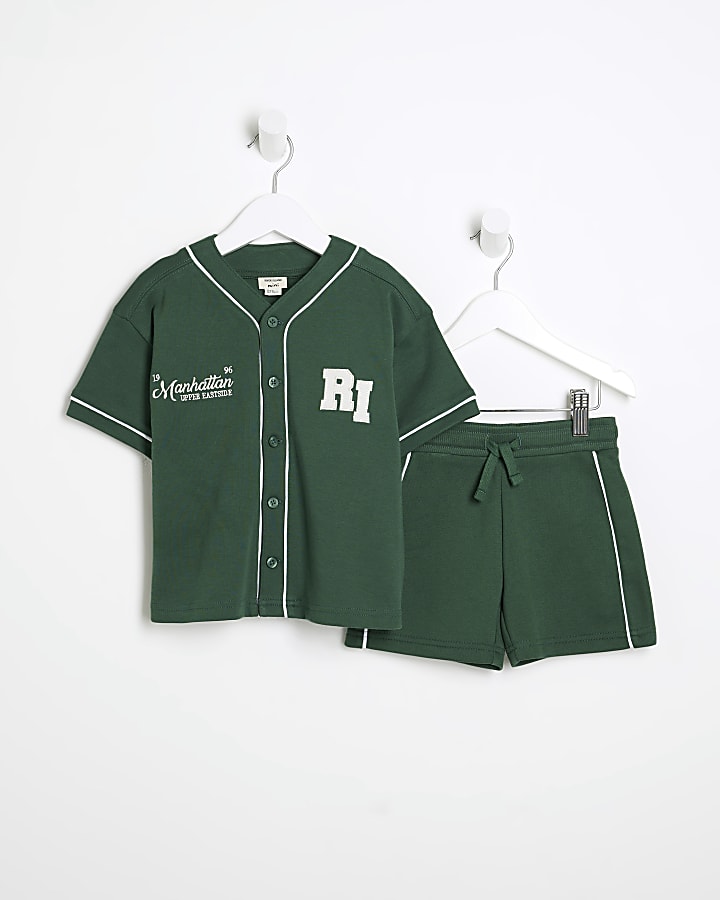 Mini Boys Green Baseball Collar T-Shirt Set