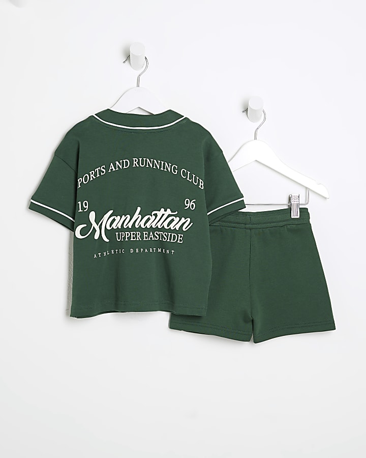 Mini Boys Green Baseball Collar T-Shirt Set