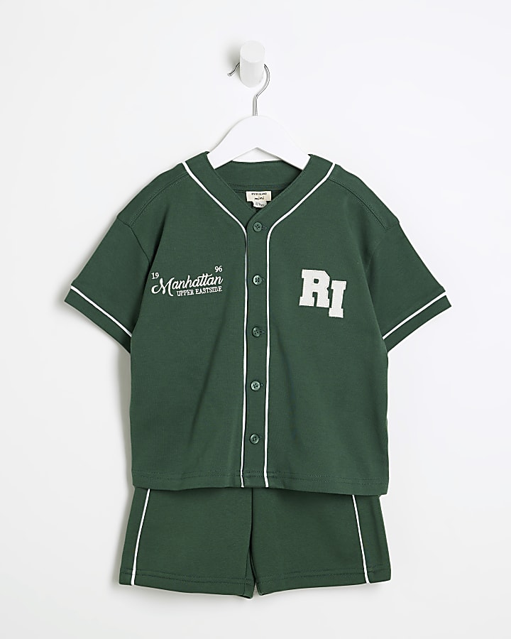 Mini Boys Green Baseball Collar T-Shirt Set