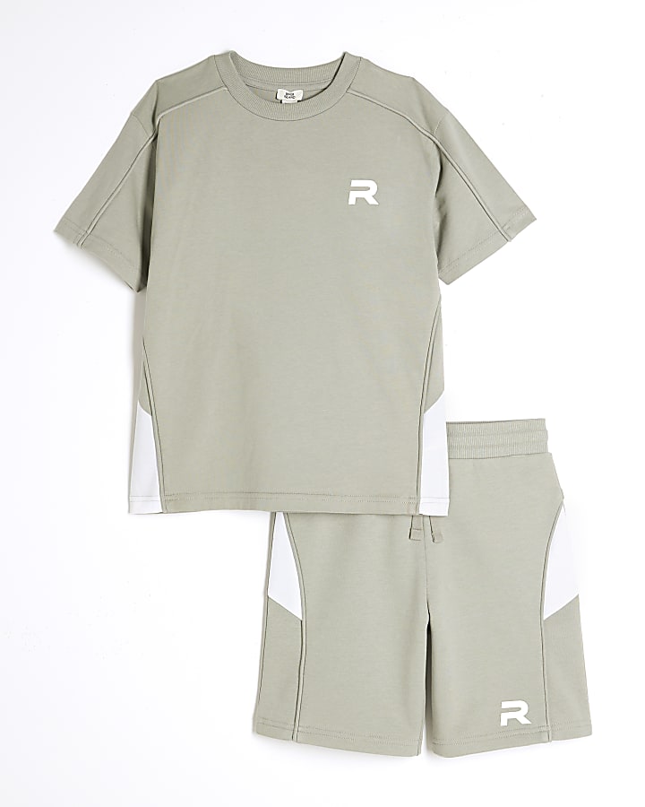 Boys Green Block Piped T-Shirt And Short Set