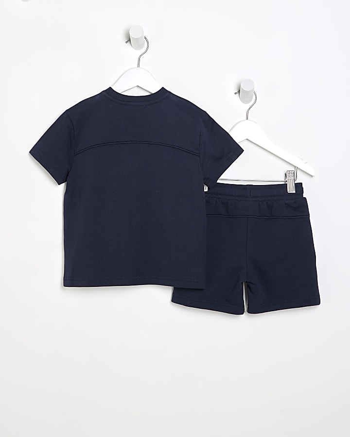 Mini Boys Navy Piped T-Shirt And Shorts Set