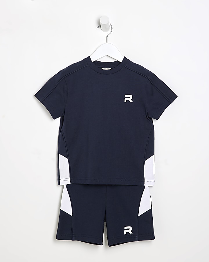 Mini Boys Navy Piped T-Shirt And Shorts Set