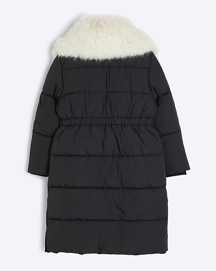 Girls Black Faux Fur Collar Padded Jacket