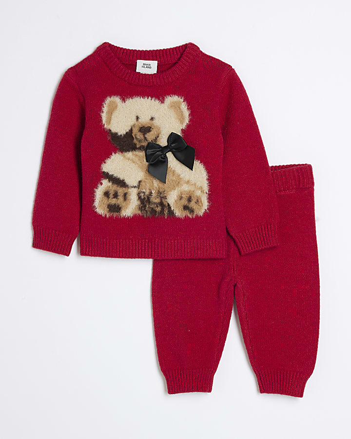 Baby Girls Red Bear Christmas Jumper Set River Island