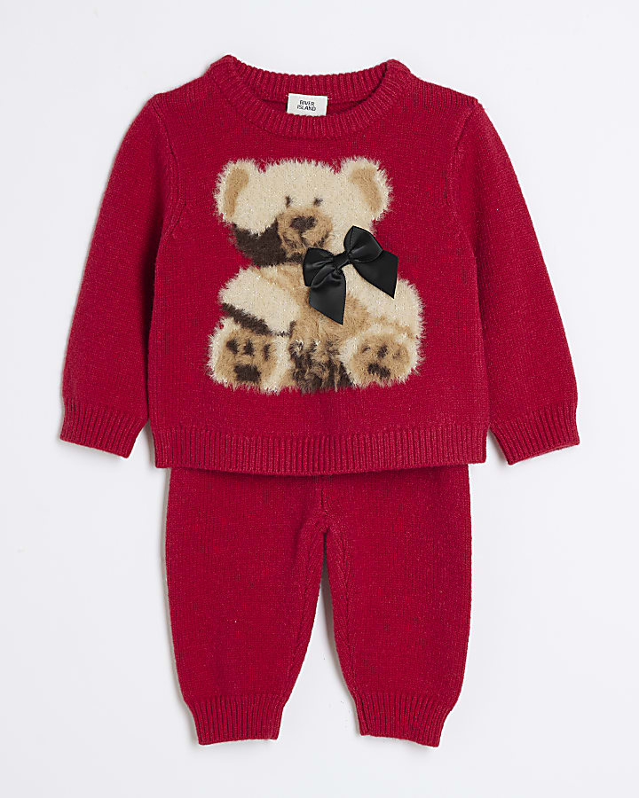 Baby Girls Red Bear Christmas Jumper Set River Island