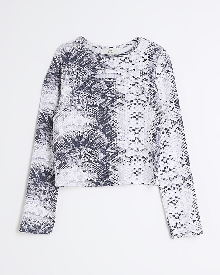 Girls Grey Long Sleeve Snake Print Ribbed Top