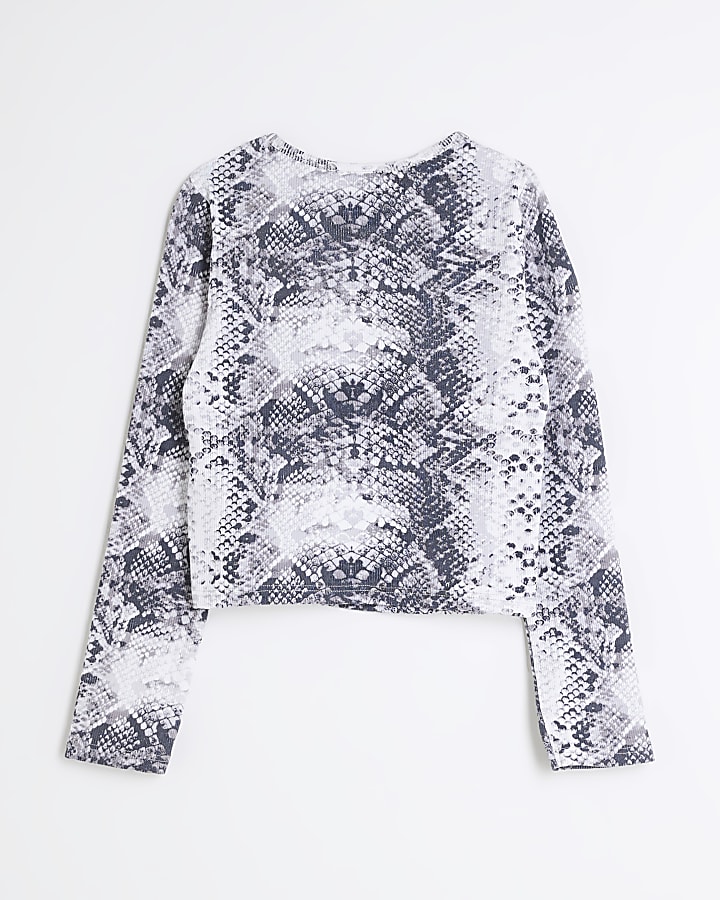 Girls Grey Long Sleeve Snake Print Ribbed Top