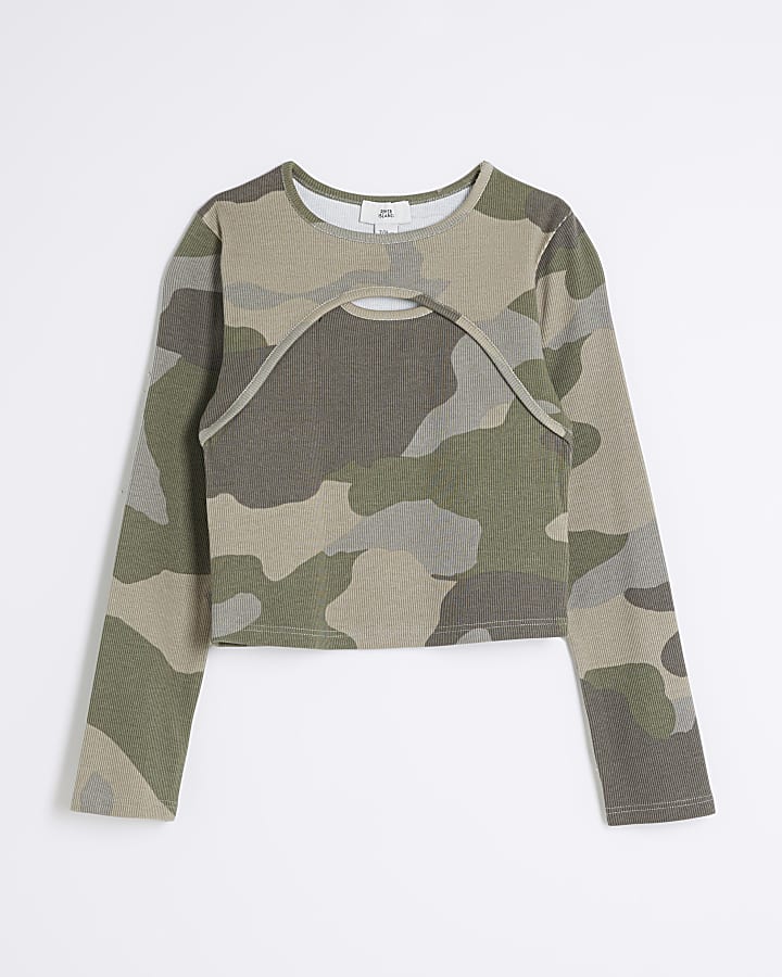 Girls Khaki Long Sleeved Camo Ribbed Top