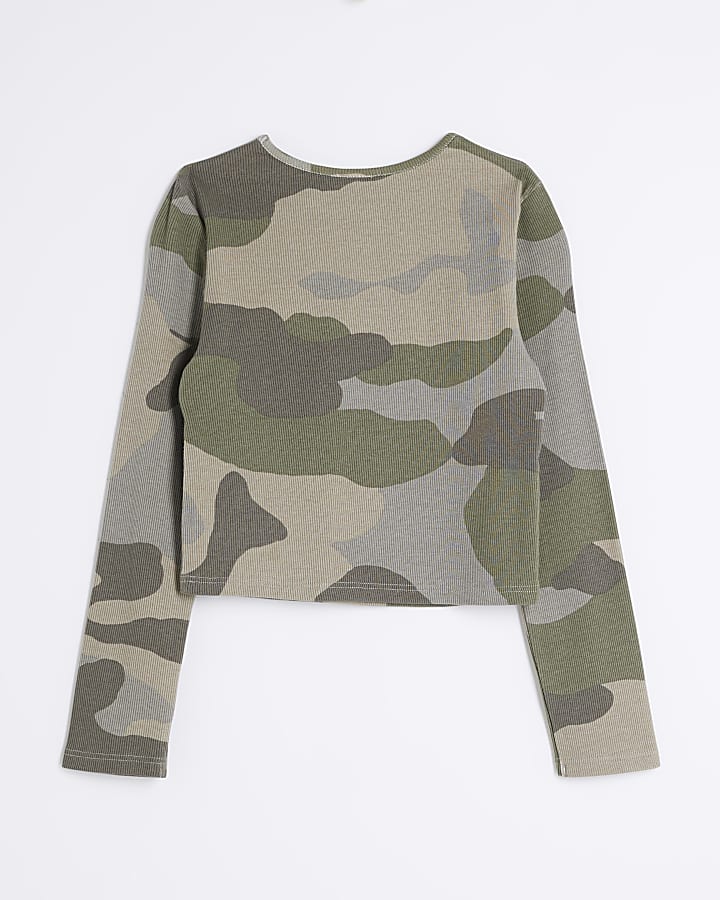 Girls Khaki Long Sleeved Camo Ribbed Top