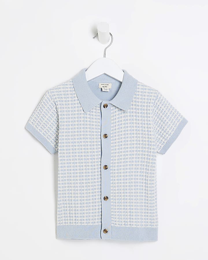 Mini Boys Blue Textured Revere Polo Shirt