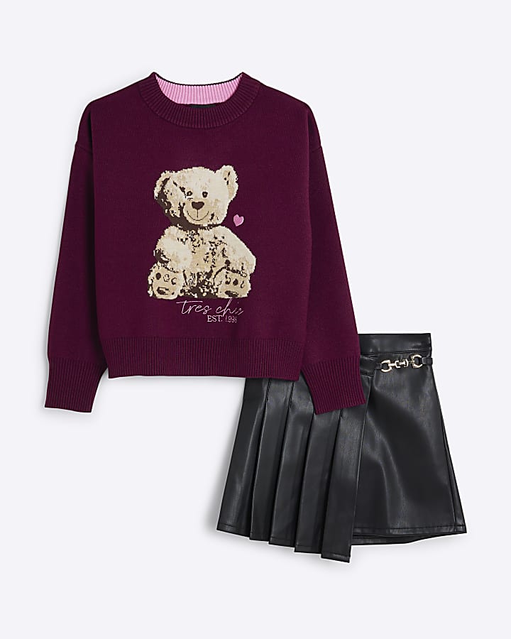 Girls Red Bear Jumper And Skirt Set