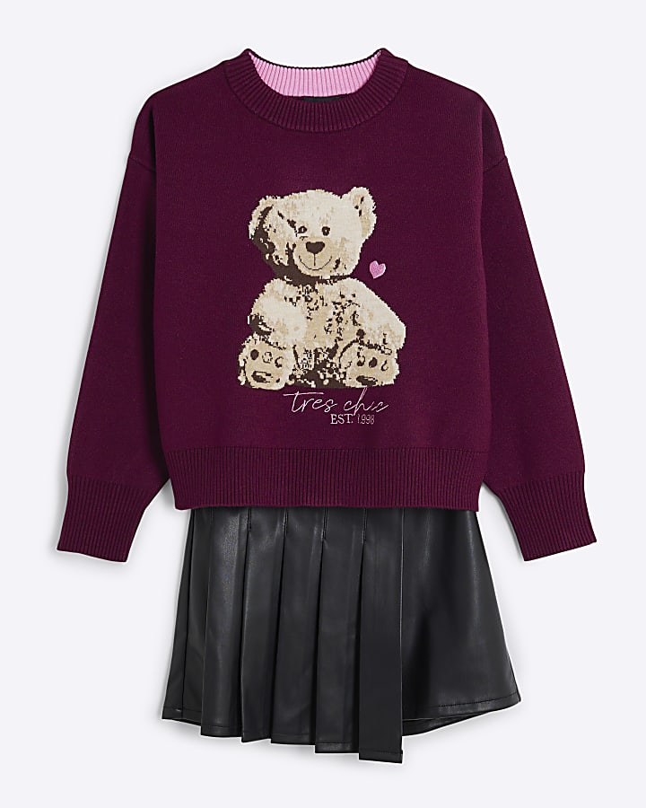 Girls Red Bear Jumper And Skirt Set