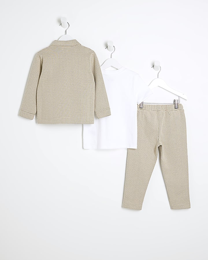 Mini Boys Beige Textured Shirt 3 Piece Set
