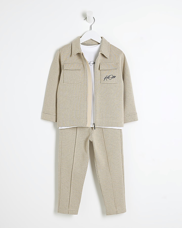 Mini Boys Beige Textured Shirt 3 Piece Set