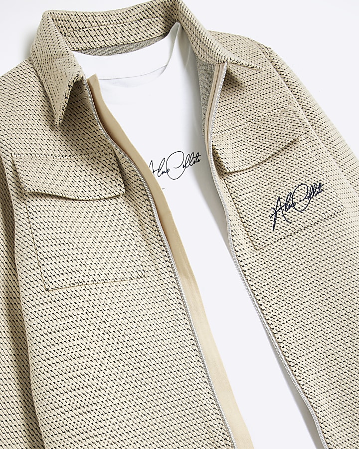 Boys Beige Textured Harrington Jacket Set
