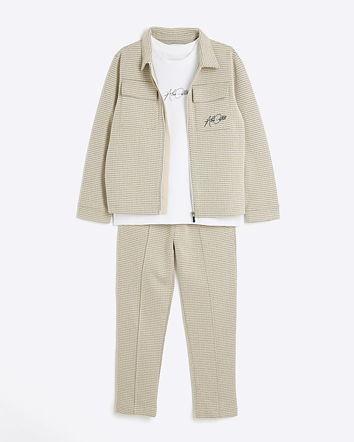 Boys Beige Textured Harrington Jacket Set