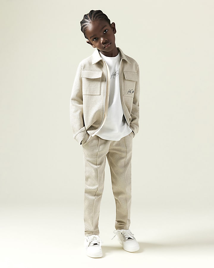 Boys Beige Textured Harrington Jacket Set
